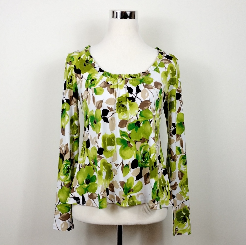 $5 Link Green Brown Long Sleeve Leaf Pattern Top